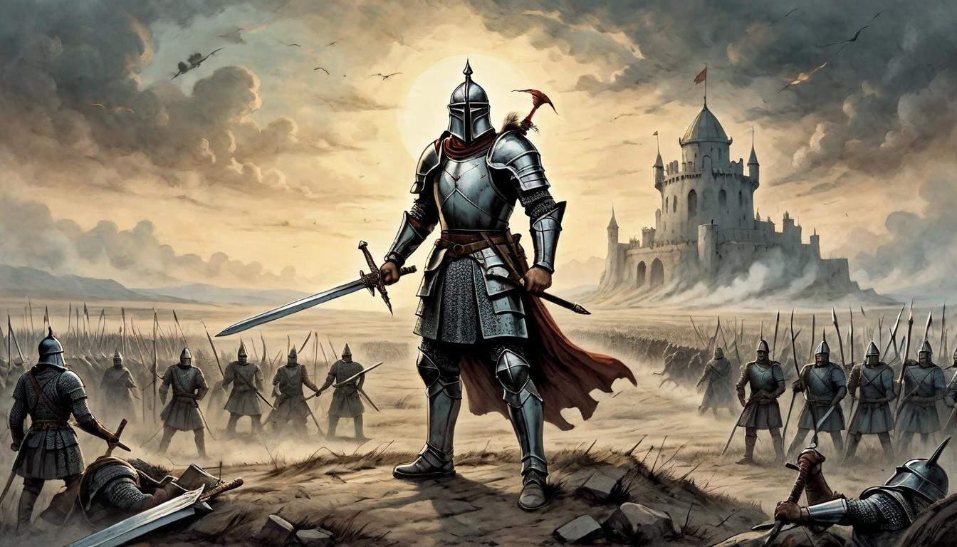  on parchment, surrealism+++, A warrior in armor standing amidst a battlefield at dawn, his sword raised against the coming light, embodying the qualities that define a hero. Battlefield at dawn, armored warrior, sword against light, heroic resilience, determination, courage against odds(mysterious, provocative, symbolic,muted color)+++