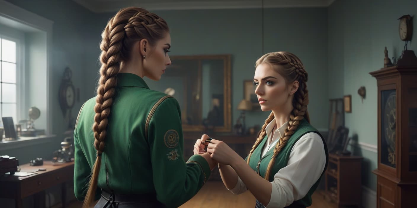  A long haired green eyed girl is braiding 3 braids in a room with clocks on the walls. hyperrealistic, full body, detailed clothing, highly detailed, cinematic lighting, stunningly beautiful, intricate, sharp focus, f/1. 8, 85mm, (centered image composition), (professionally color graded), ((bright soft diffused light)), volumetric fog, trending on instagram, trending on tumblr, HDR 4K, 8K