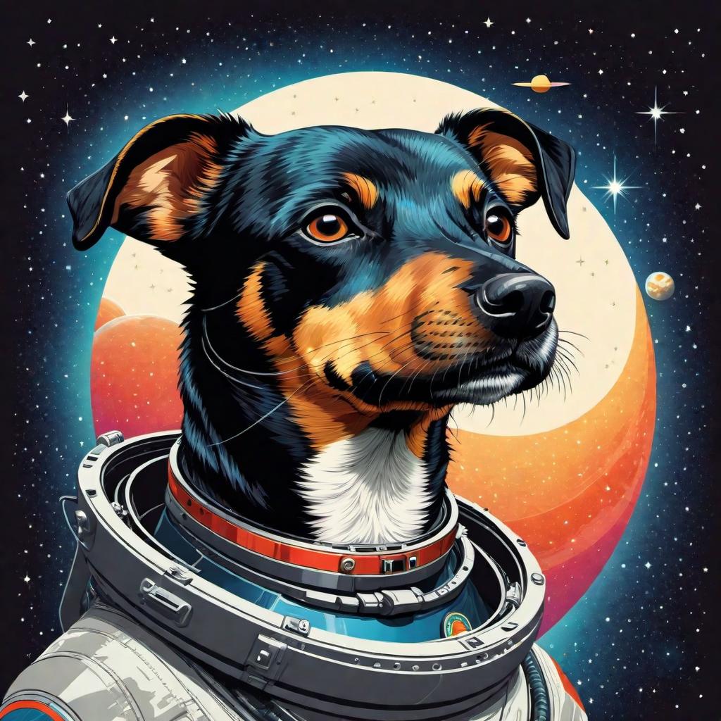  illustration, jalil dog, head of a jalil dog in space, Beautiful colors, pencil sketches, Vector illustration, Cel shaded, Flat, 2D, style of dan matutina, In the style of studio ghibli, Art by Hiroshi Saitō, bold lines, Bold the drawing lines, Amazing details