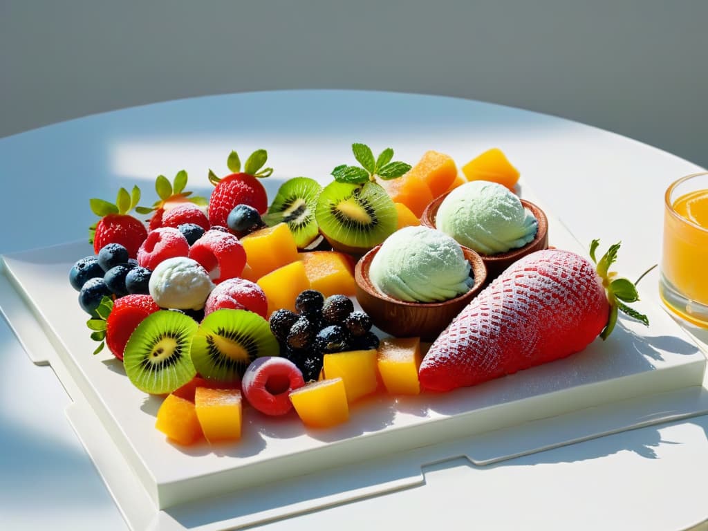  A vibrant and visually appealing image of a variety of cold diabeticfriendly desserts displayed on a stylish, modern serving platter. The desserts include colorful fruit sorbets, creamy lowsugar ice creams, and elegant fruit salad bowls garnished with fresh mint leaves. The background features a bright, sunlit patio setting, enhancing the refreshing and summery vibe of the image. hyperrealistic, full body, detailed clothing, highly detailed, cinematic lighting, stunningly beautiful, intricate, sharp focus, f/1. 8, 85mm, (centered image composition), (professionally color graded), ((bright soft diffused light)), volumetric fog, trending on instagram, trending on tumblr, HDR 4K, 8K