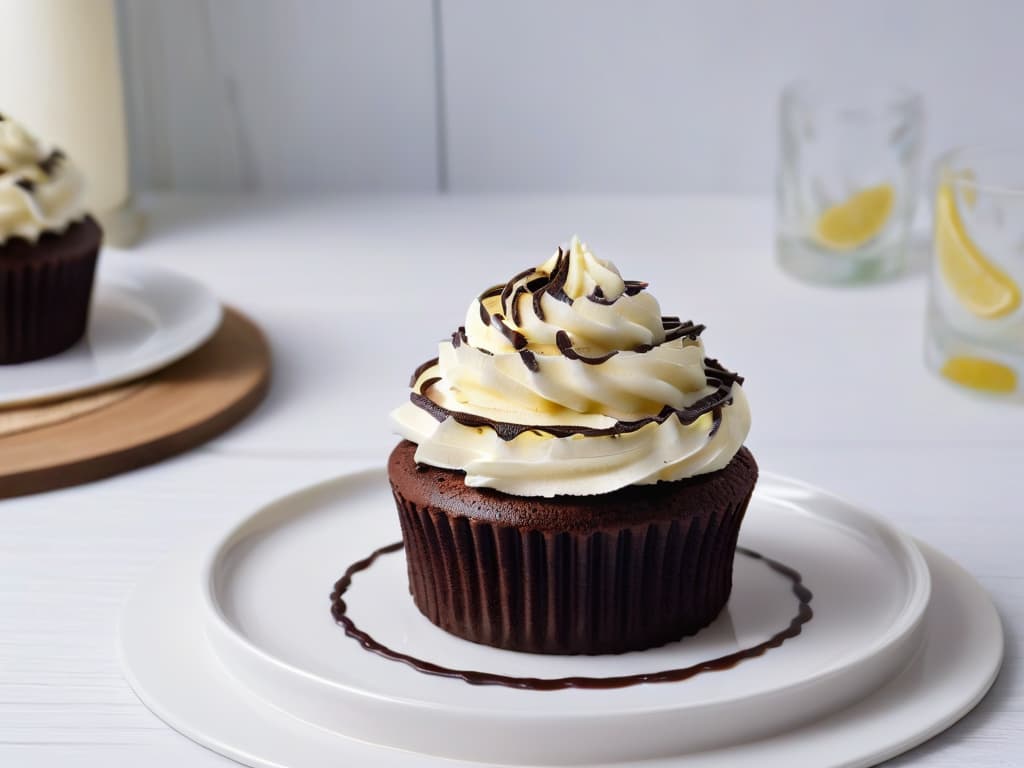  An ultradetailed image of a delicate vegan sour cream swirl elegantly decorating a freshly baked chocolate cupcake, with tiny flecks of vanilla beans speckled throughout the cream, set on a sleek, modern white dessert plate against a soft, blurred background of a rustic kitchen. hyperrealistic, full body, detailed clothing, highly detailed, cinematic lighting, stunningly beautiful, intricate, sharp focus, f/1. 8, 85mm, (centered image composition), (professionally color graded), ((bright soft diffused light)), volumetric fog, trending on instagram, trending on tumblr, HDR 4K, 8K