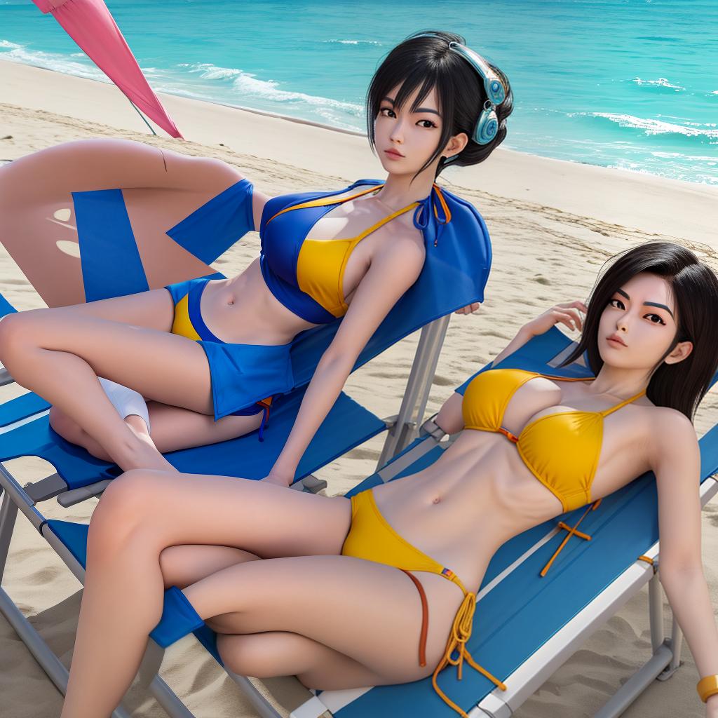  masterpiece, best quality, Dragon Ball android number 18, at the beach, lying on a beach chair, wearing a bikini