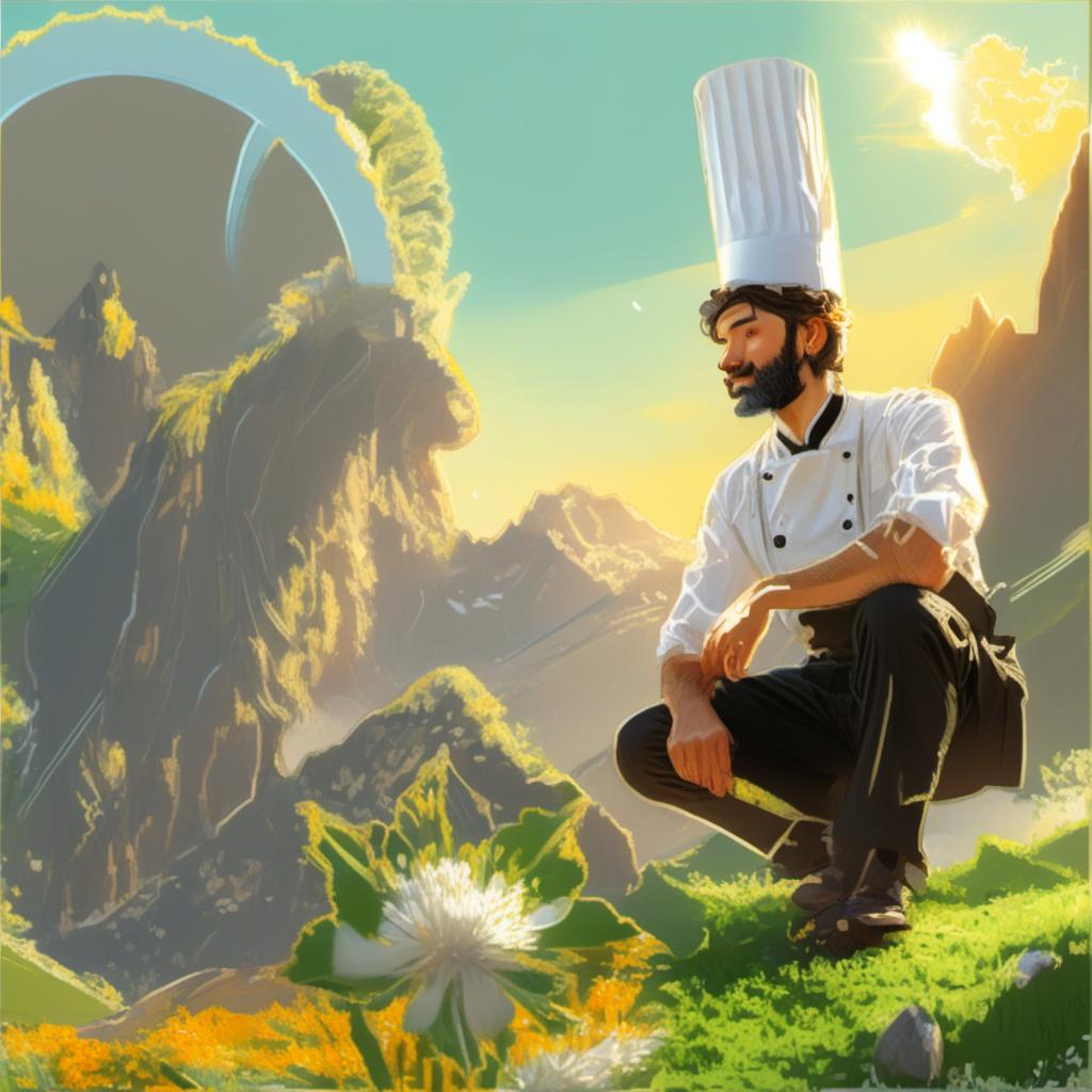  a man walking on a mountain,,a rocky mountain,,a robust, cheerful male chef with a bushy beard, wearing a traditional white chef's hat, a white shirt, and a white apron, and black trousers, white shoes. he has a confident and warm expression, exuding friendliness and strength. the character is detailed with realistic textures and a slightly fantasy inspired aesthetic.,sky blue (#87ceeb), sun yellow (#ffd700), bright white (sunlight reflection) (#ffffff), soft green (grass) (#98fb98), warm orange (sunrise/sunset accent) (#ffa07a),high quality, cartoonish, 4k, comic style, manga and manhwa style, (((painting style)))