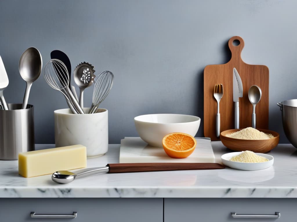  A highresolution, ultradetailed image of a sleek, modern kitchen countertop showcasing an array of highend baking utensils such as premium silicone spatulas, precision measuring spoons, luxurious marble rolling pins, and elegant stainless steel mixing bowls. The image captures the essence of sophistication and innovation in baking equipment, with a focus on clean lines, muted tones, and minimalist design elements that convey a sense of professional elegance and inspiration. hyperrealistic, full body, detailed clothing, highly detailed, cinematic lighting, stunningly beautiful, intricate, sharp focus, f/1. 8, 85mm, (centered image composition), (professionally color graded), ((bright soft diffused light)), volumetric fog, trending on instagram, trending on tumblr, HDR 4K, 8K