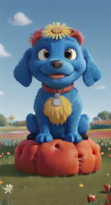  {The red ball nestled in a bed of colorful flowers like daisies and tulips, The big blue dog is large with sky blue fur, big round eyes, a black nose, and floppy ears.