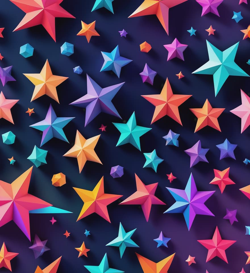  Low Poly Stars Design, featuring a collection of geometric stars in a minimalistic style. The stars are intricately designed with sharp edges and clean lines, giving them a low poly appearance. The background is a gradient of vibrant colors, creating a dynamic and eye-catching effect. The overall mood is modern and playful. The style parameters include low poly, vibrant colors, and modern design. Format: Square., hyperrealistic, full body, detailed clothing, highly detailed, cinematic lighting, stunningly beautiful, intricate, sharp focus, f/1. 8, 85mm, (centered image composition), (professionally color graded), ((bright soft diffused light)), volumetric fog, trending on instagram, trending on tumblr, HDR 4K, 8K