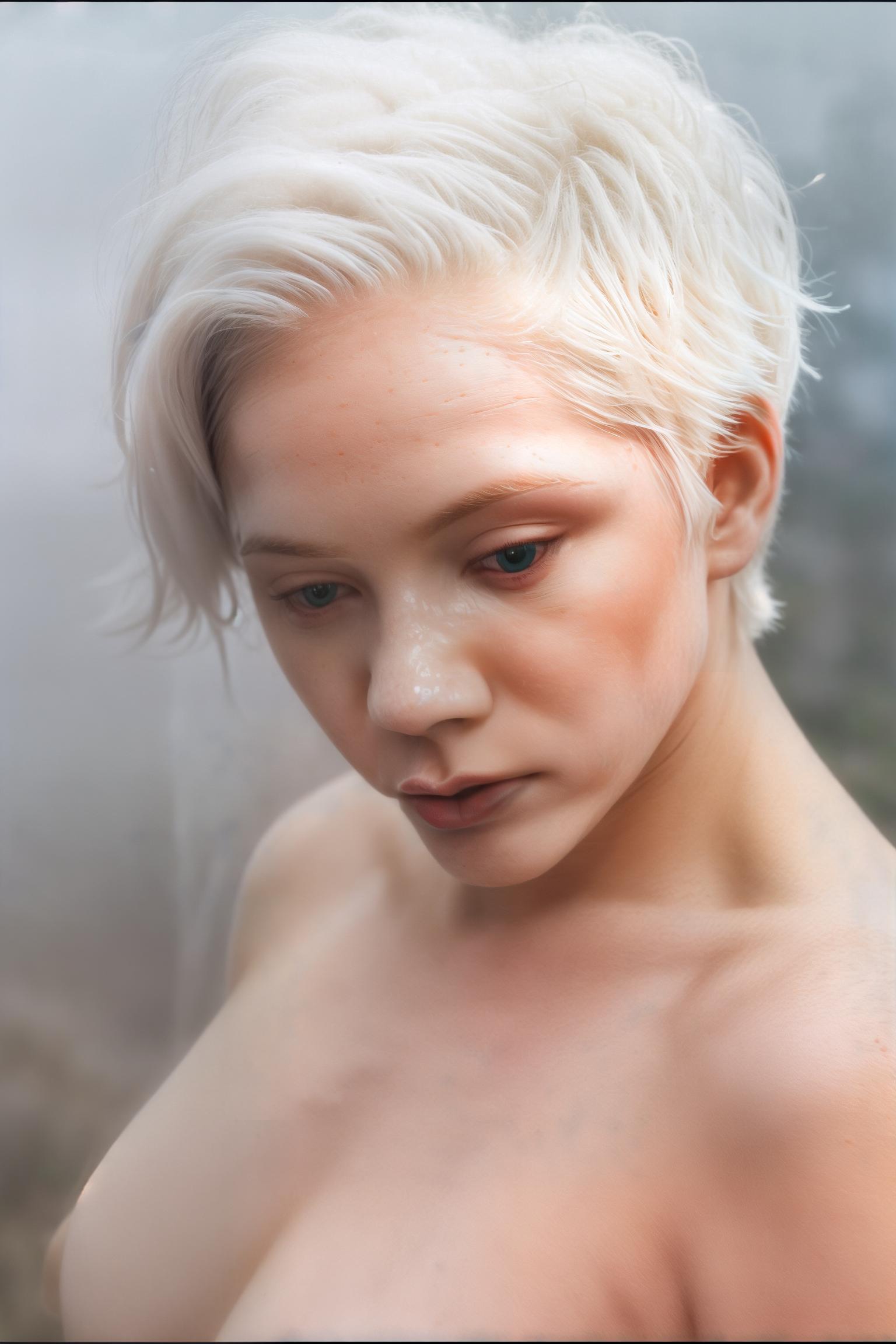  (Dark Fantasy Aesthetic:1.2), (Glamour:1.3) photo of a 20yo, (strikingly beautiful:1.2) vivacious, enigmatic, ethereal, (albino:1.3) (nymph:1.3), (albinism:1.4), Lengthened Rectangular Face with Noticeable Jaw and Cheekbones, Clean, Straight Eyebrows, Wide Set Close Set Eyes, Majestic Aquiline Nose, Full Lips, windswept (Fine) (stylish short white hair:1.3), (looking at viewer),(Ashen skin:1.3), (flawless skin:1.3), (shiny skin), diaphanous white dress, high neckline on dress, (foggy:1.4), (bathed in thick fog:1.4), (half obscured:1.3), (Close up:1.2), Dutch Angle), (dynamic composition:1.2), (shallow depth of field:1.2), bright lighting vibrant, ((masterpiece)), ((Realistic Vision)),((fine details)), RAW, 8K, UHD, natural lighting, perfect