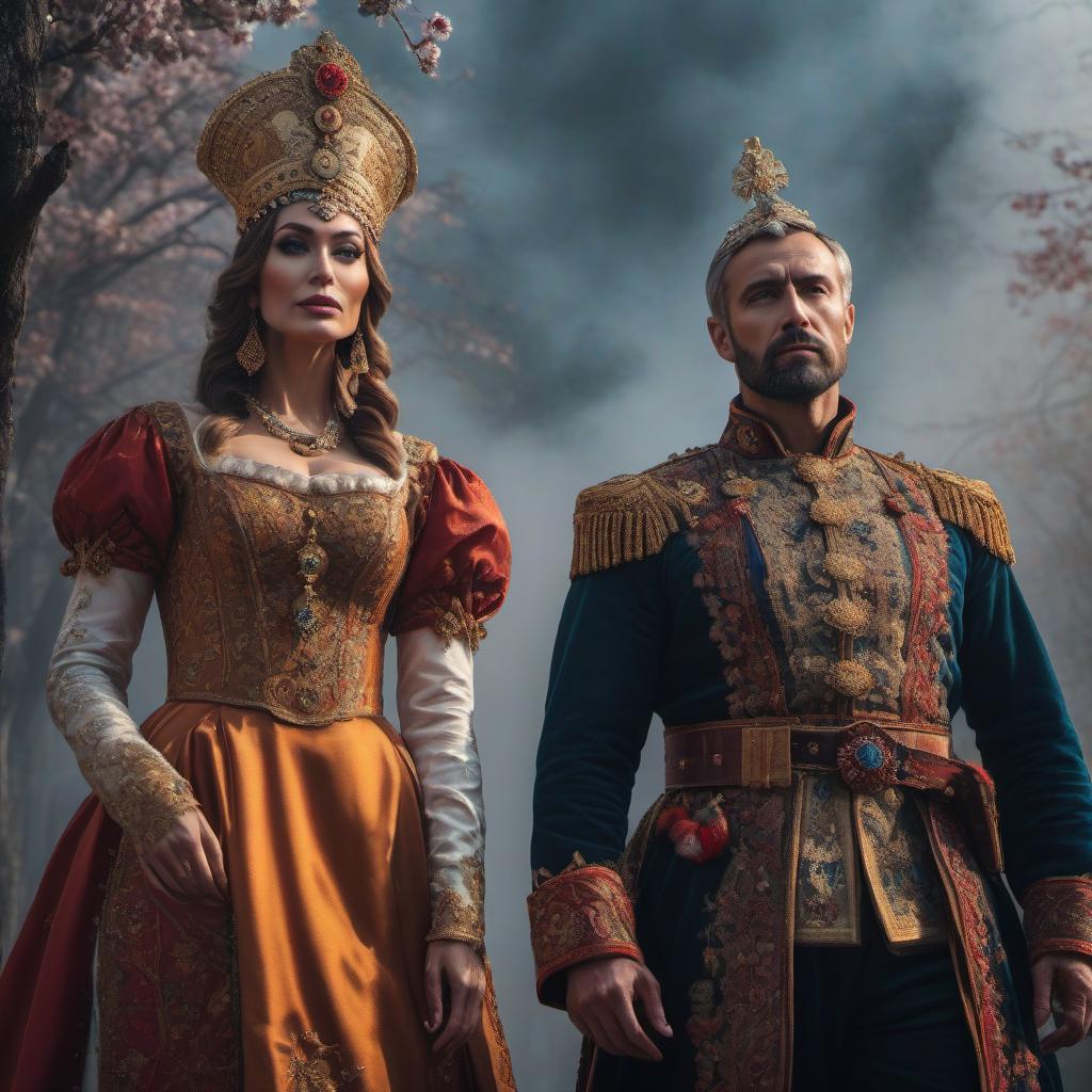  "The Fool and the Tsar" series hyperrealistic, full body, detailed clothing, highly detailed, cinematic lighting, stunningly beautiful, intricate, sharp focus, f/1. 8, 85mm, (centered image composition), (professionally color graded), ((bright soft diffused light)), volumetric fog, trending on instagram, trending on tumblr, HDR 4K, 8K