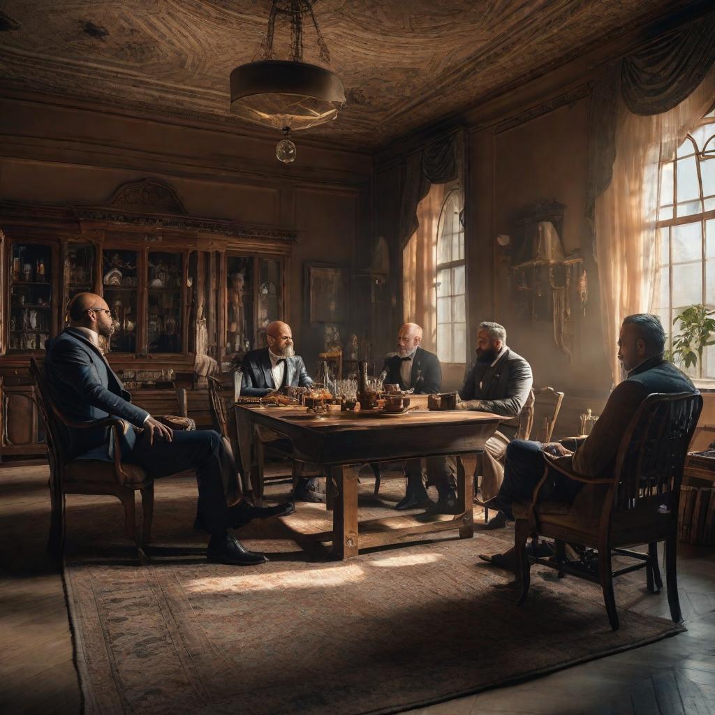  A shabby poorly lit room, three untidy men are sitting at a table and hyperrealistic, full body, detailed clothing, highly detailed, cinematic lighting, stunningly beautiful, intricate, sharp focus, f/1. 8, 85mm, (centered image composition), (professionally color graded), ((bright soft diffused light)), volumetric fog, trending on instagram, trending on tumblr, HDR 4K, 8K