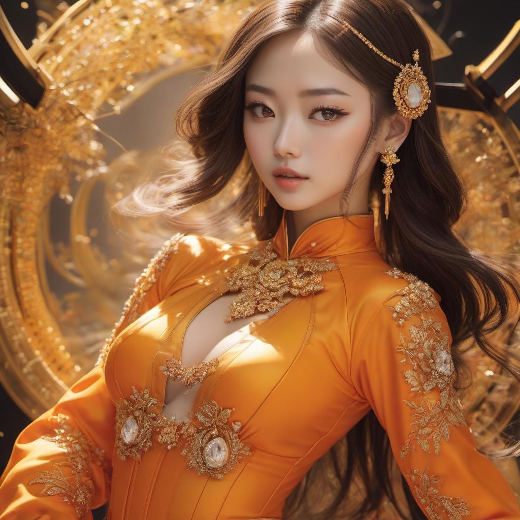  A cartoon girl in an orange costume with gold jewelry, in the style of miho hirano, light yellow and dark brown, close up, traditional costumes, childlike simplicity, comic art, tondo hyperrealistic, full body, detailed clothing, highly detailed, cinematic lighting, stunningly beautiful, intricate, sharp focus, f/1. 8, 85mm, (centered image composition), (professionally color graded), ((bright soft diffused light)), volumetric fog, trending on instagram, trending on tumblr, HDR 4K, 8K