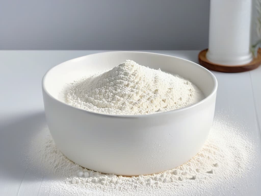  A closeup, ultradetailed image of a pristine white ceramic bowl filled with fluffy, perfectly sifted aluminumfree baking powder. The powder sits light and airy, contrasting beautifully against the smooth surface of the bowl, showcasing its pure quality and fine texture. The lighting is soft, highlighting every granule and creating a sense of tranquility and precision. hyperrealistic, full body, detailed clothing, highly detailed, cinematic lighting, stunningly beautiful, intricate, sharp focus, f/1. 8, 85mm, (centered image composition), (professionally color graded), ((bright soft diffused light)), volumetric fog, trending on instagram, trending on tumblr, HDR 4K, 8K