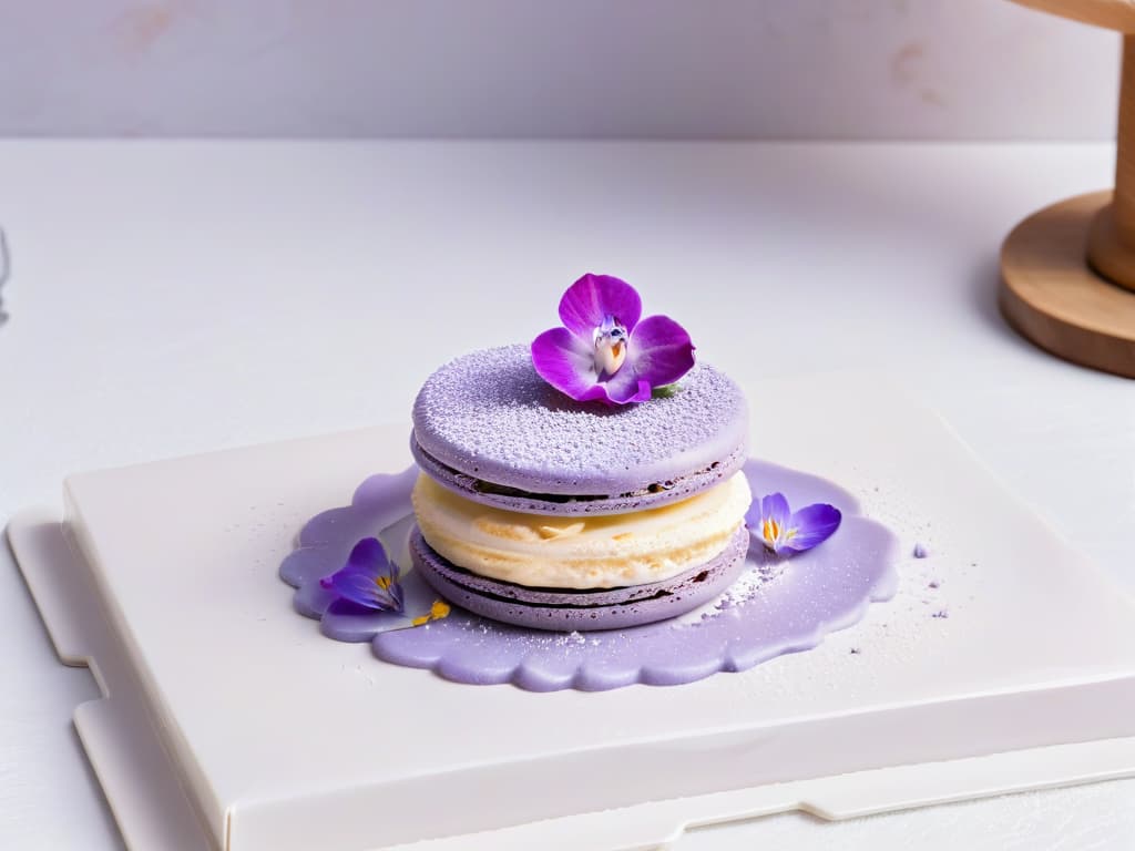  An ultradetailed image of a delicate lavender macaron placed on a sleek, modern plate, surrounded by fresh lavender blossoms and rose petals. The macaron's surface is perfectly smooth, showcasing a shimmering purple hue that contrasts elegantly with the soft pink petals. The plate sits on a marble countertop, with subtle natural lighting casting gentle shadows, highlighting the intricate details of the edible flowers and the exquisite dessert. hyperrealistic, full body, detailed clothing, highly detailed, cinematic lighting, stunningly beautiful, intricate, sharp focus, f/1. 8, 85mm, (centered image composition), (professionally color graded), ((bright soft diffused light)), volumetric fog, trending on instagram, trending on tumblr, HDR 4K, 8K