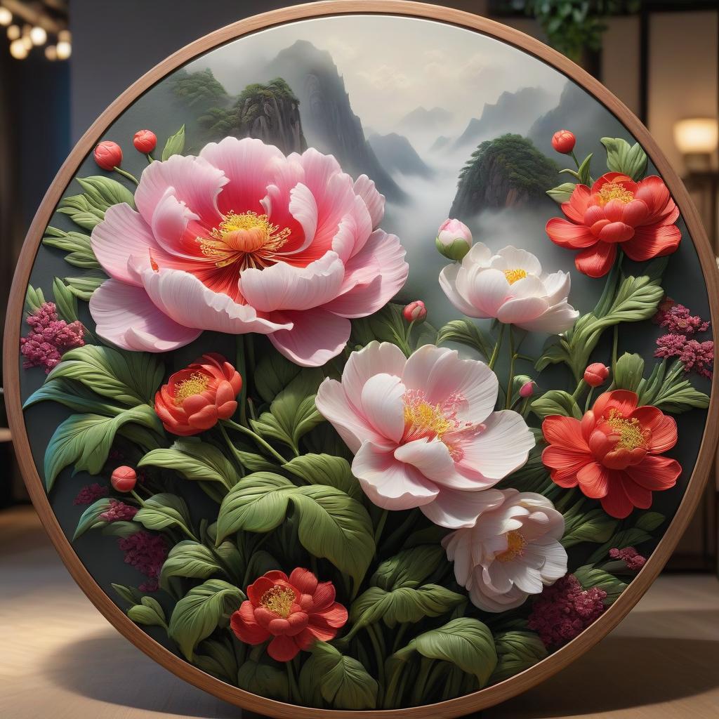  texture sculptural painting of Chinese flowers on a round canvas top down close up hyperrealistic, full body, detailed clothing, highly detailed, cinematic lighting, stunningly beautiful, intricate, sharp focus, f/1. 8, 85mm, (centered image composition), (professionally color graded), ((bright soft diffused light)), volumetric fog, trending on instagram, trending on tumblr, HDR 4K, 8K