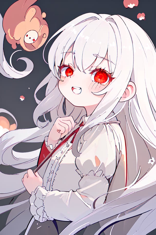  ultra detailed:1.2masterpiece:1.2,best quality,masterpiece,bestquality,hdr:1.1,8k:1.1,very cute girl:1.3,white hair:1.3,very long hair,volume hair:0.7,flare hair:1.2,curly hair:1.4,red eyes,bad mood:1.3,sleepy eyes:1.2,dot open mouth:1.3,upper body:1.3,dutch angle,half closed eyes:1.8,sulking:1.6,bored:1.3,upper body:1.1,from side,from above ,grin:0.6,looking viewer