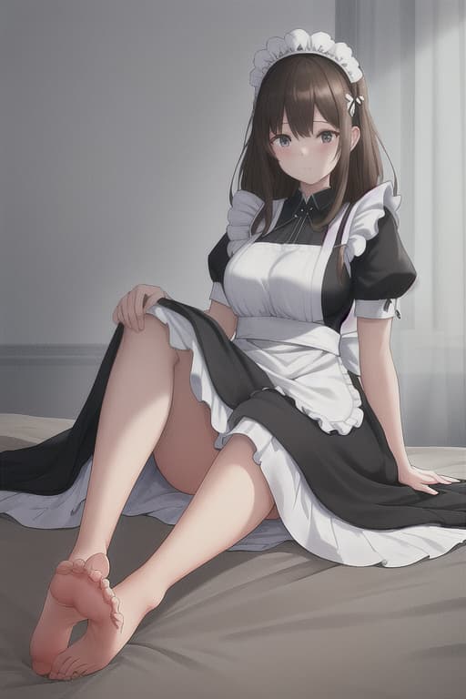  (score 9,score 8 up,score 7 up,),1girl,solo,maid,maid headdress,looking at viewer,apron,brown hair,indoors,black hair,bare foot,feet focus,two feet hyperrealistic, full body, detailed clothing, highly detailed, cinematic lighting, stunningly beautiful, intricate, sharp focus, f/1. 8, 85mm, (centered image composition), (professionally color graded), ((bright soft diffused light)), volumetric fog, trending on instagram, trending on tumblr, HDR 4K, 8K