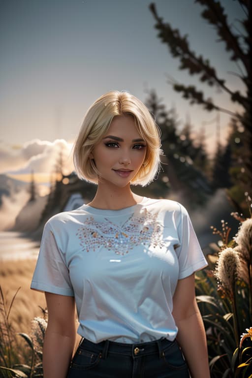  1girl,1girl,blonde short hair,straight hair,upper body shot,shirt,smile hyperrealistic, full body, detailed clothing, highly detailed, cinematic lighting, stunningly beautiful, intricate, sharp focus, f/1. 8, 85mm, (centered image composition), (professionally color graded), ((bright soft diffused light)), volumetric fog, trending on instagram, trending on tumblr, HDR 4K, 8K