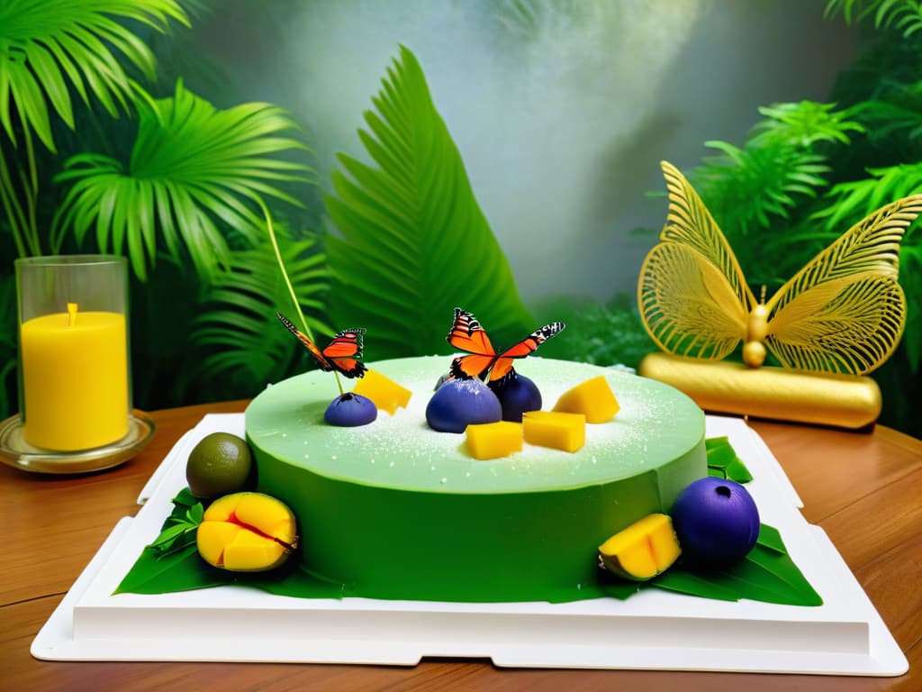  A photorealistic image of a beautifully decorated Thai dessert table featuring an array of colorful and intricately designed sweets such as mango sticky rice, coconut ice cream served in a coconut shell, butterfly pea flowerinfused cakes, and golden threads dessert, set against a backdrop of lush green tropical leaves and traditional Thai decor. hyperrealistic, full body, detailed clothing, highly detailed, cinematic lighting, stunningly beautiful, intricate, sharp focus, f/1. 8, 85mm, (centered image composition), (professionally color graded), ((bright soft diffused light)), volumetric fog, trending on instagram, trending on tumblr, HDR 4K, 8K