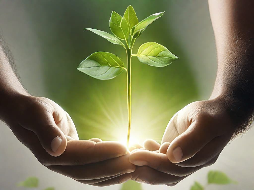  A diverse group of hands, each holding a green sprout, reaching towards sunlight filtering through a canopy of leaves, symbolizing growth and investment in human potential. digital art, ilustration, no flares, clean hyperrealistic, full body, detailed clothing, highly detailed, cinematic lighting, stunningly beautiful, intricate, sharp focus, f/1. 8, 85mm, (centered image composition), (professionally color graded), ((bright soft diffused light)), volumetric fog, trending on instagram, trending on tumblr, HDR 4K, 8K