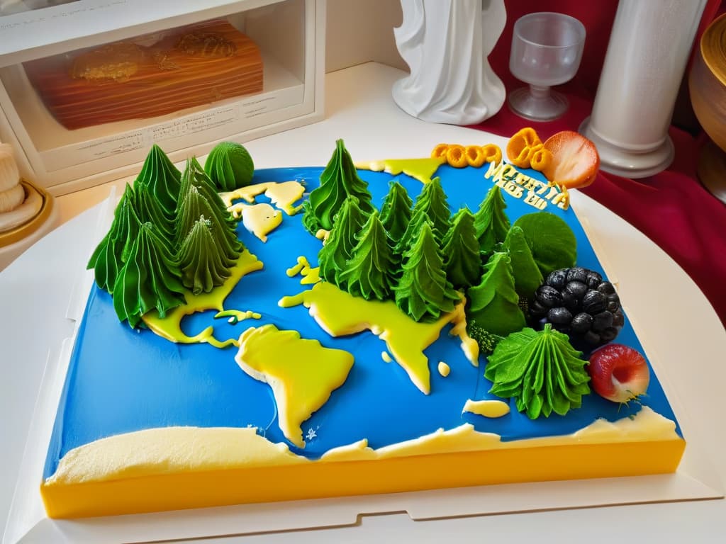  A minimalist, ultradetailed image of a world map made entirely out of exquisite and intricate desserts, showcasing the diversity and artistry of gourmet pastries from different regions around the globe. Each country is represented by a unique dessert masterpiece, meticulously crafted to highlight the cultural influences and flavors specific to that location. The image is a visual feast of colors, textures, and shapes, inviting the viewer to explore the world of gourmet pastry through a creative and artistic lens. hyperrealistic, full body, detailed clothing, highly detailed, cinematic lighting, stunningly beautiful, intricate, sharp focus, f/1. 8, 85mm, (centered image composition), (professionally color graded), ((bright soft diffused light)), volumetric fog, trending on instagram, trending on tumblr, HDR 4K, 8K