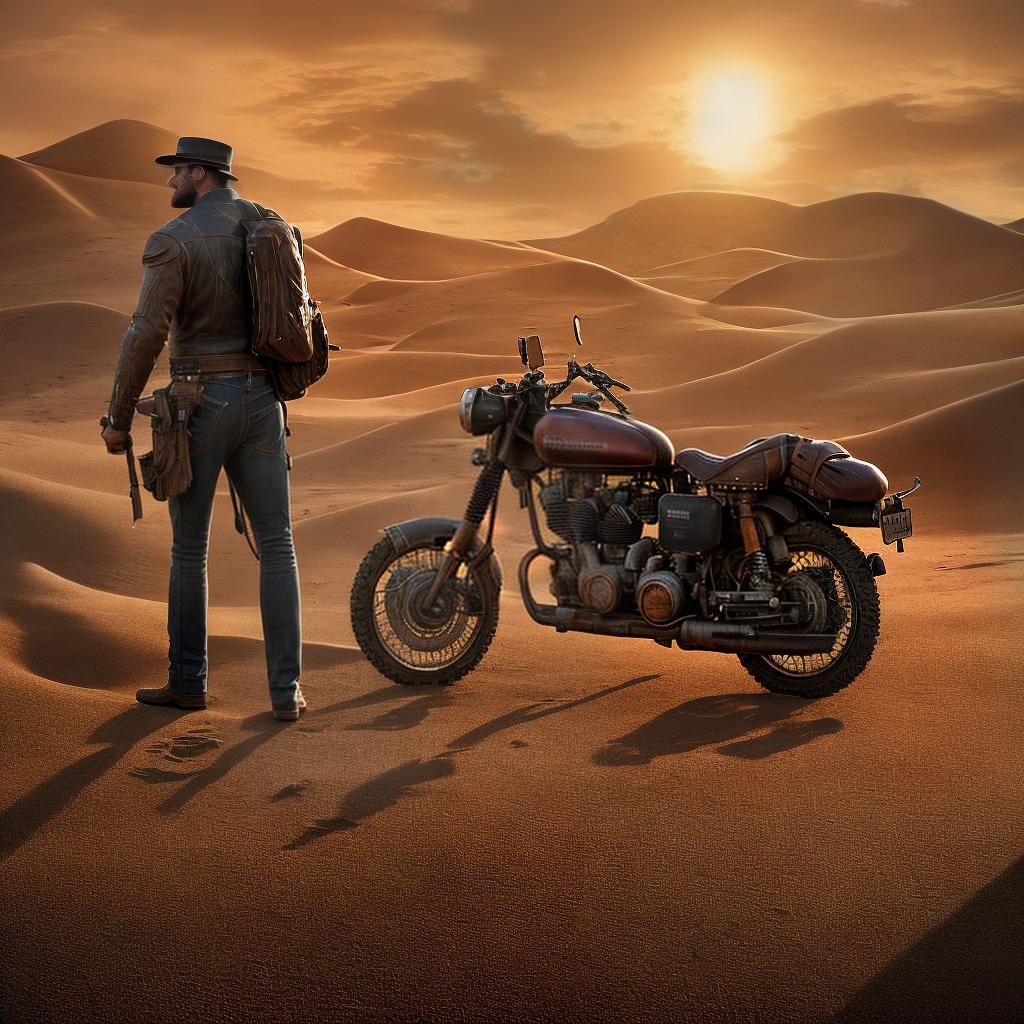  A man with striking features standing next to a vintage motorcycle in the desert, holding a small object, surrounded by vastness and silence, with the scent of Ombre Leather enveloping him, creating a masterpiece with the best quality, in an ultra-detailed and high detailed 8k resolution. The scene features warm, golden sunlight casting long shadows on the sand dunes, highlighting the textures and contours of the desert landscape. The man's rugged appearance is enhanced by his weathered leather jacket and worn-out boots, adding a touch of authenticity to the scene. The antique motorcycle, with its gleaming chrome accents and faded paint, serves as a focal point, showcasing the craftsmanship of a bygone era. The small object in the man's han hyperrealistic, full body, detailed clothing, highly detailed, cinematic lighting, stunningly beautiful, intricate, sharp focus, f/1. 8, 85mm, (centered image composition), (professionally color graded), ((bright soft diffused light)), volumetric fog, trending on instagram, trending on tumblr, HDR 4K, 8K