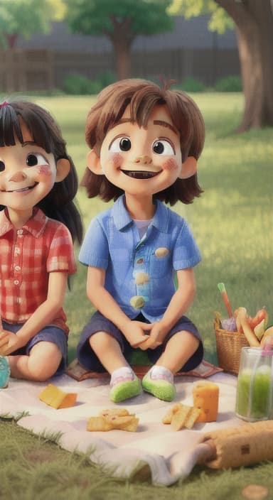  {Kids sitting around a picnic blanket, enjoying juice boxes and snacks., Children happily eating snacks, with crumbs on their faces and big smiles.