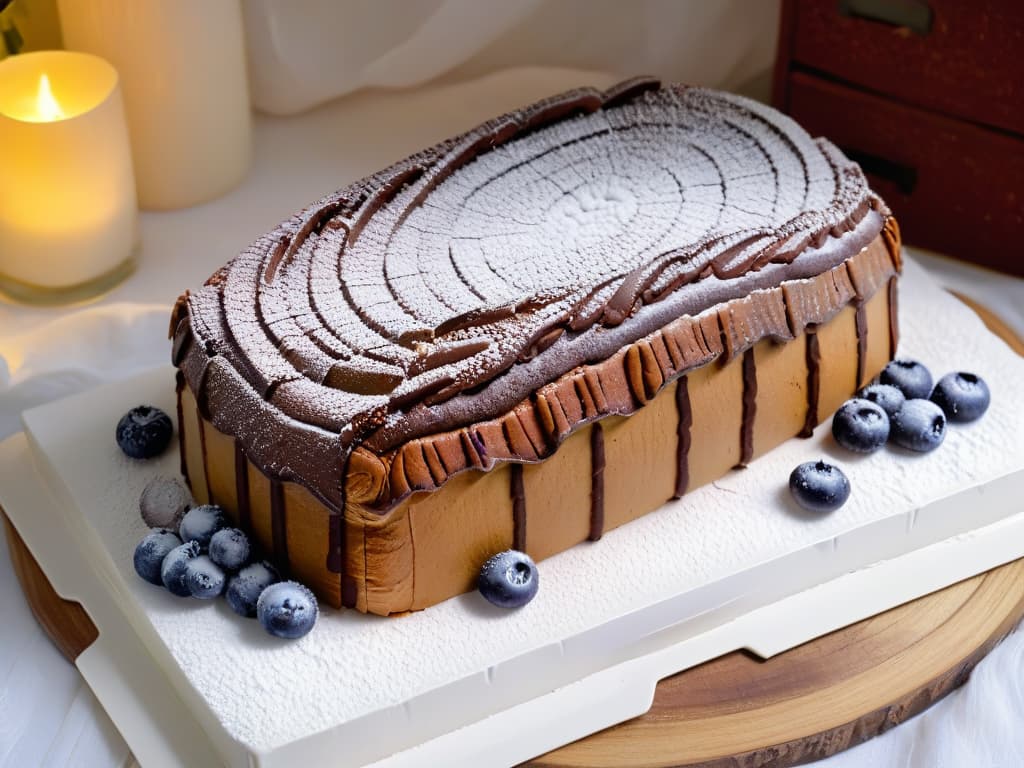  An ultradetailed image of a beautifully decorated vegan and glutenfree Yule log cake, adorned with fresh berries, edible flowers, and a light dusting of powdered sugar. The cake sits on a sleek white platter, with a backdrop of elegant holiday greenery and twinkling lights, creating a festive and inviting atmosphere perfect for a global holiday dessert spread. hyperrealistic, full body, detailed clothing, highly detailed, cinematic lighting, stunningly beautiful, intricate, sharp focus, f/1. 8, 85mm, (centered image composition), (professionally color graded), ((bright soft diffused light)), volumetric fog, trending on instagram, trending on tumblr, HDR 4K, 8K