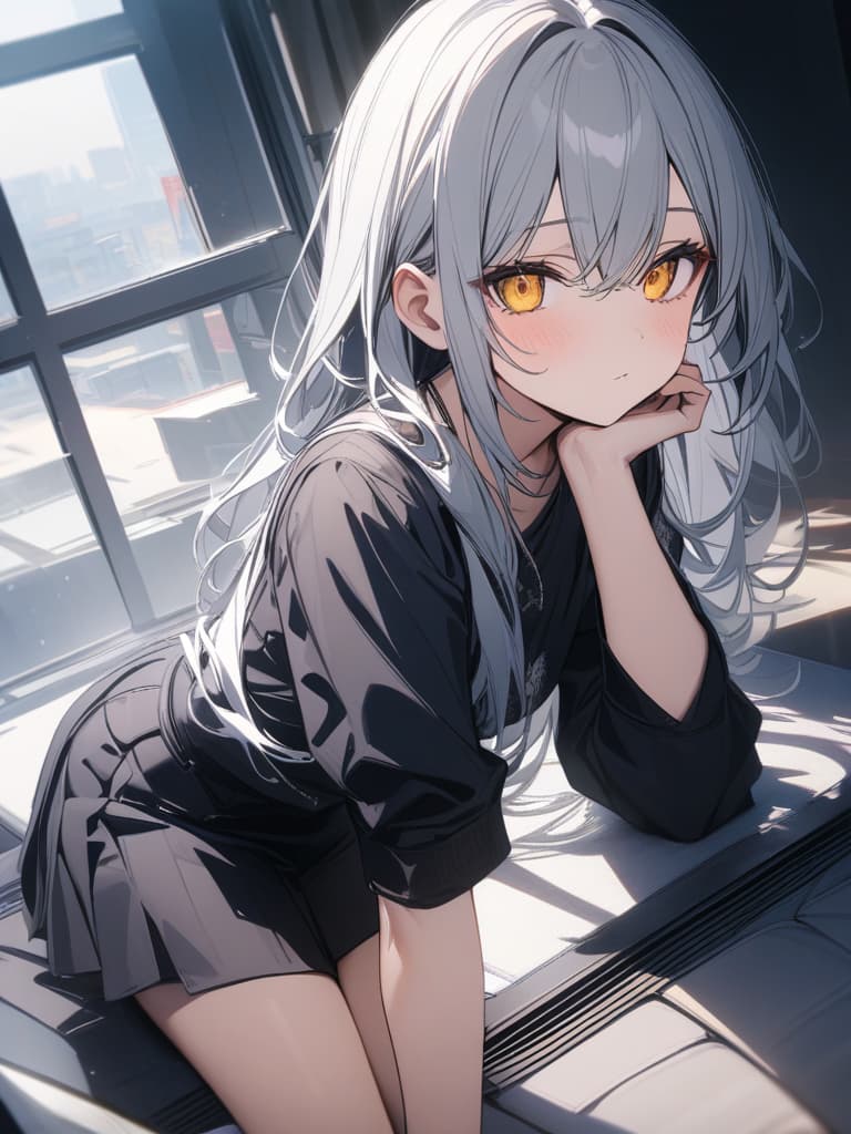  Gray hair, yellow eyes, black shirt, black short skirt, modern style clothes, masterpiece, best quality,8k,ultra detailed,high resolution,an extremely delicate and beautiful,hyper detail