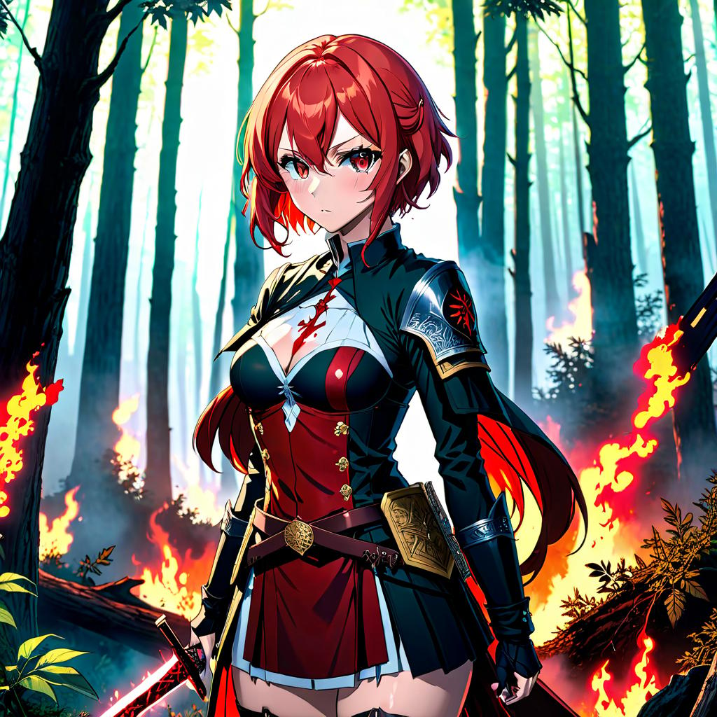  anime artwork A woman with red hair and blood on her clothes stands in a forest with a sword in her hand. She appears to be injured. There is fire in the background. . anime style, key visual, vibrant, studio anime, highly detailed, STICKER hyperrealistic, full body, detailed clothing, highly detailed, cinematic lighting, stunningly beautiful, intricate, sharp focus, f/1. 8, 85mm, (centered image composition), (professionally color graded), ((bright soft diffused light)), volumetric fog, trending on instagram, trending on tumblr, HDR 4K, 8K