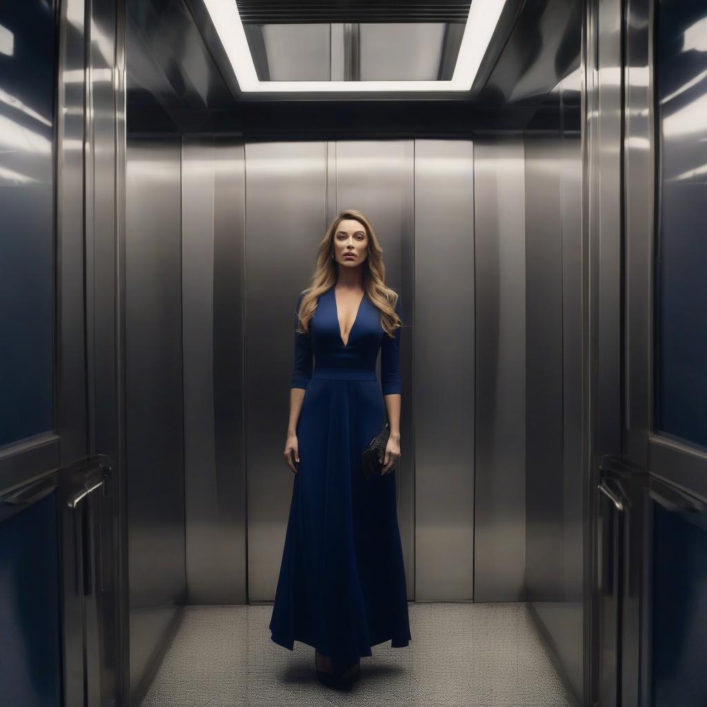  Sad beauty in a dark blue dress in an elevator in the 2010s. hyperrealistic, full body, detailed clothing, highly detailed, cinematic lighting, stunningly beautiful, intricate, sharp focus, f/1. 8, 85mm, (centered image composition), (professionally color graded), ((bright soft diffused light)), volumetric fog, trending on instagram, trending on tumblr, HDR 4K, 8K