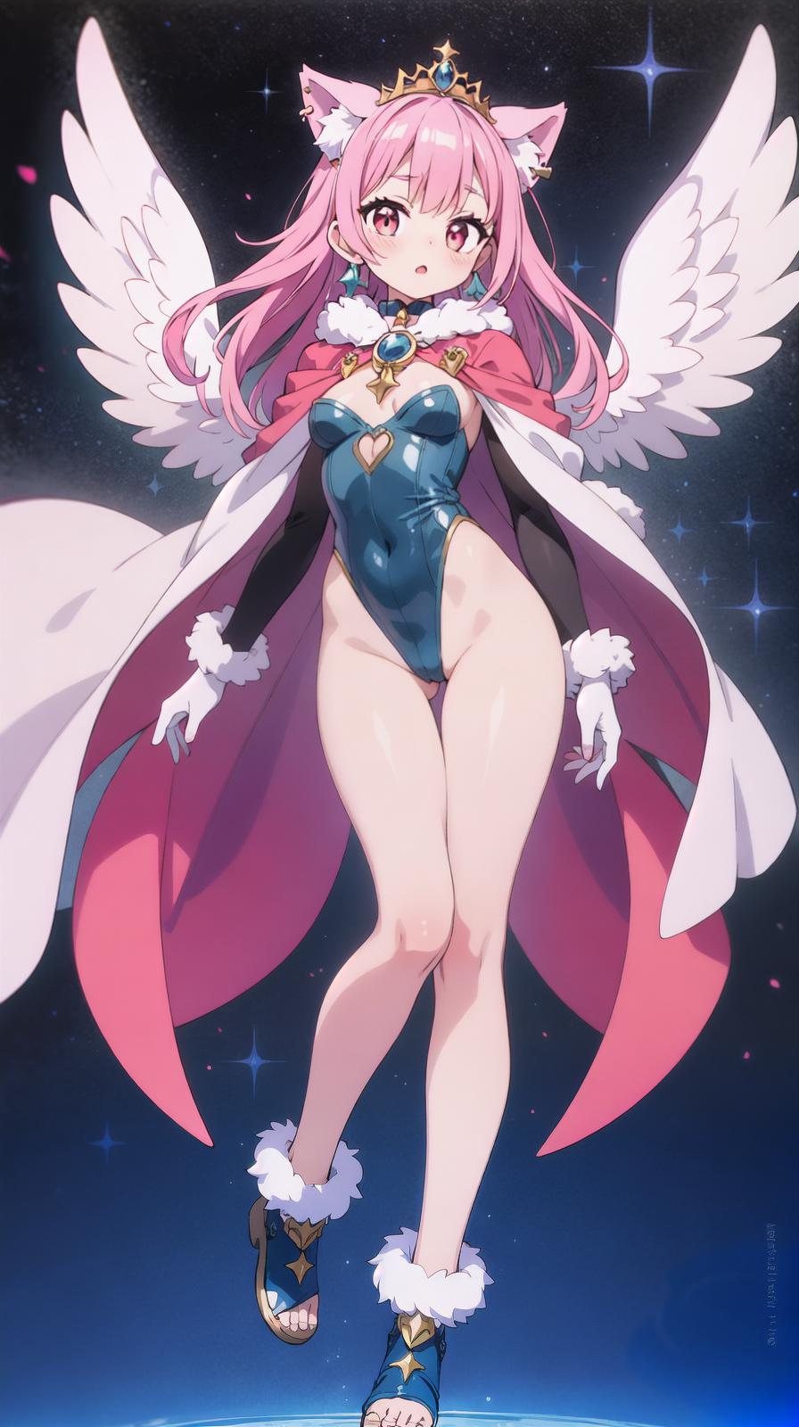  master piece , best quality,Magic hat, tiara, long cape, huge ribbon, leotard, gloves, jewelry, earrings, wings of light, red costume, long two side up hair, pink hair color, beautiful with wolf ears, wolf tail, big s, magic wand, transformation, full body