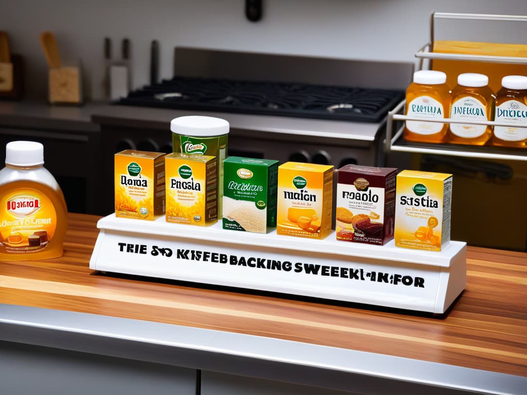  An ultradetailed image of a sleek, modern kitchen countertop lined with an array of natural and artificial sweeteners commonly used in baking, showcasing brands with elegant packaging designs. The image captures the essence of a professional baking environment with soft, natural lighting emphasizing the textures and details of each sweetener container, ranging from honey jars to stevia packets, creating a visually appealing and informative visual for the audience seeking guidance on natural and artificial sweeteners for baking. hyperrealistic, full body, detailed clothing, highly detailed, cinematic lighting, stunningly beautiful, intricate, sharp focus, f/1. 8, 85mm, (centered image composition), (professionally color graded), ((bright soft diffused light)), volumetric fog, trending on instagram, trending on tumblr, HDR 4K, 8K