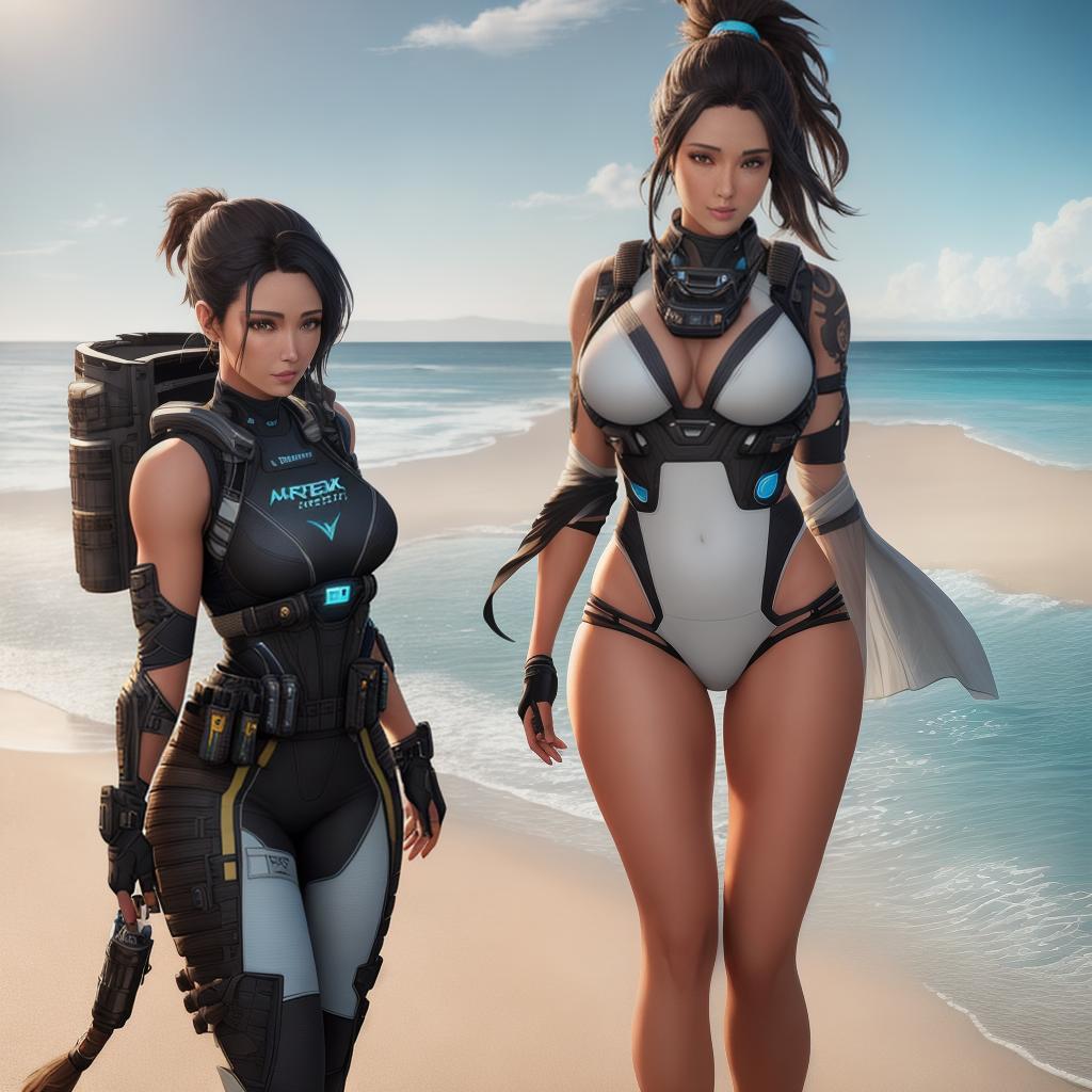  Craft a breathtaking ((masterpiece)) in an ultra-realistic style, featuring Wraith from Apex Legends wearing beach clothing and standing on a sun-kissed sandy beach with a shimmering ocean in the background. Ensure every minute detail is captured in this high-resolution 8k artwork. hyperrealistic, full body, detailed clothing, highly detailed, cinematic lighting, stunningly beautiful, intricate, sharp focus, f/1. 8, 85mm, (centered image composition), (professionally color graded), ((bright soft diffused light)), volumetric fog, trending on instagram, trending on tumblr, HDR 4K, 8K