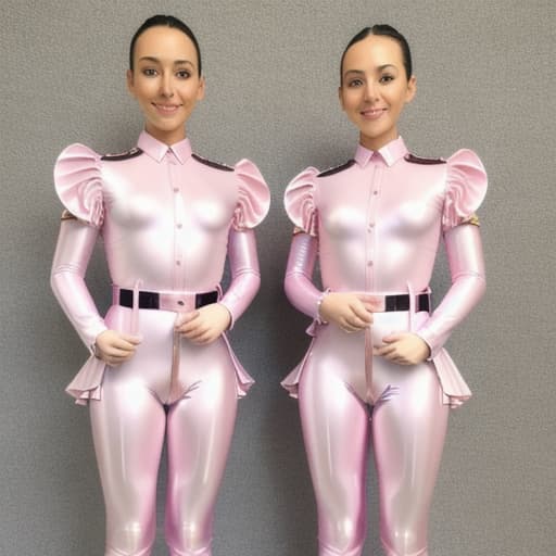  two very beautiful angels,oiled shiny, light pink vinyl  with open button placket in the crotch,hard pointy, shows his oiled shiny,long socs with ruffles and socs belts,,