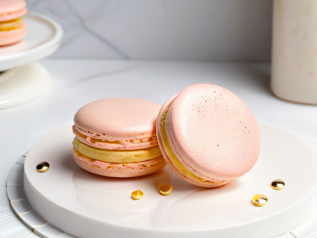  A closeup, ultrahighresolution image of a delicate, perfectly baked macaron with a smooth, glossy surface in a pastel pink hue, sitting on a pristine white marble countertop. The macaron is elegantly dusted with a light sprinkle of edible gold flakes, exuding an air of sophistication and culinary mastery. The soft natural light gently illuminates the macaron, highlighting its intricate texture and precise construction, making it a visually captivating and aspirational image for any macaron enthusiast. hyperrealistic, full body, detailed clothing, highly detailed, cinematic lighting, stunningly beautiful, intricate, sharp focus, f/1. 8, 85mm, (centered image composition), (professionally color graded), ((bright soft diffused light)), volumetric fog, trending on instagram, trending on tumblr, HDR 4K, 8K