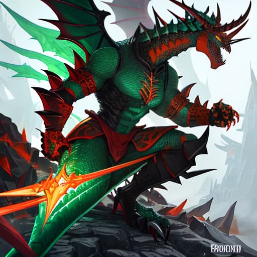  Pyrodrake stands tall, towering over most creatures at eight feet taller than a human. His body blends dragon and scorpion features, with shimmering earthy green scales that match the Defense Fena Stone he guards. These scales provide formidable protection over his muscular frame. His leathery wings, also green, symbolize his bond with the Defense Fena Stone. His head resembles a dragon's, complete with sharp horns and a mouth of razor sharp teeth. Intelligent, fiery orange eyes peer out from his fierce visage. His tail ends in a stinger, delivering a deadly venom. Despite his fearsome appearance, Pyrodrake is highly intelligent, using clever tactics in battle. Pyrodrake is a formidable opponent in combat. He breathes streams of fire, cap hyperrealistic, full body, detailed clothing, highly detailed, cinematic lighting, stunningly beautiful, intricate, sharp focus, f/1. 8, 85mm, (centered image composition), (professionally color graded), ((bright soft diffused light)), volumetric fog, trending on instagram, trending on tumblr, HDR 4K, 8K