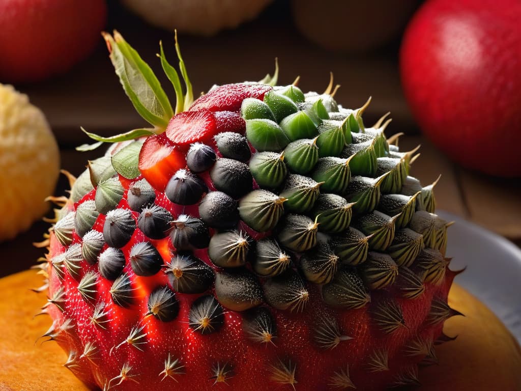  An ultradetailed closeup image of a vibrant, ripe higo chumbo fruit, showcasing its prickly exterior and juicy, rubyred interior with tiny edible seeds glistening under soft natural lighting. The intricate details of the fruit's skin, the contrasting colors, and the inviting freshness of the pulp create a visually captivating and appetizing scene, perfect for enticing readers to explore innovative recipes with this desert treasure. hyperrealistic, full body, detailed clothing, highly detailed, cinematic lighting, stunningly beautiful, intricate, sharp focus, f/1. 8, 85mm, (centered image composition), (professionally color graded), ((bright soft diffused light)), volumetric fog, trending on instagram, trending on tumblr, HDR 4K, 8K