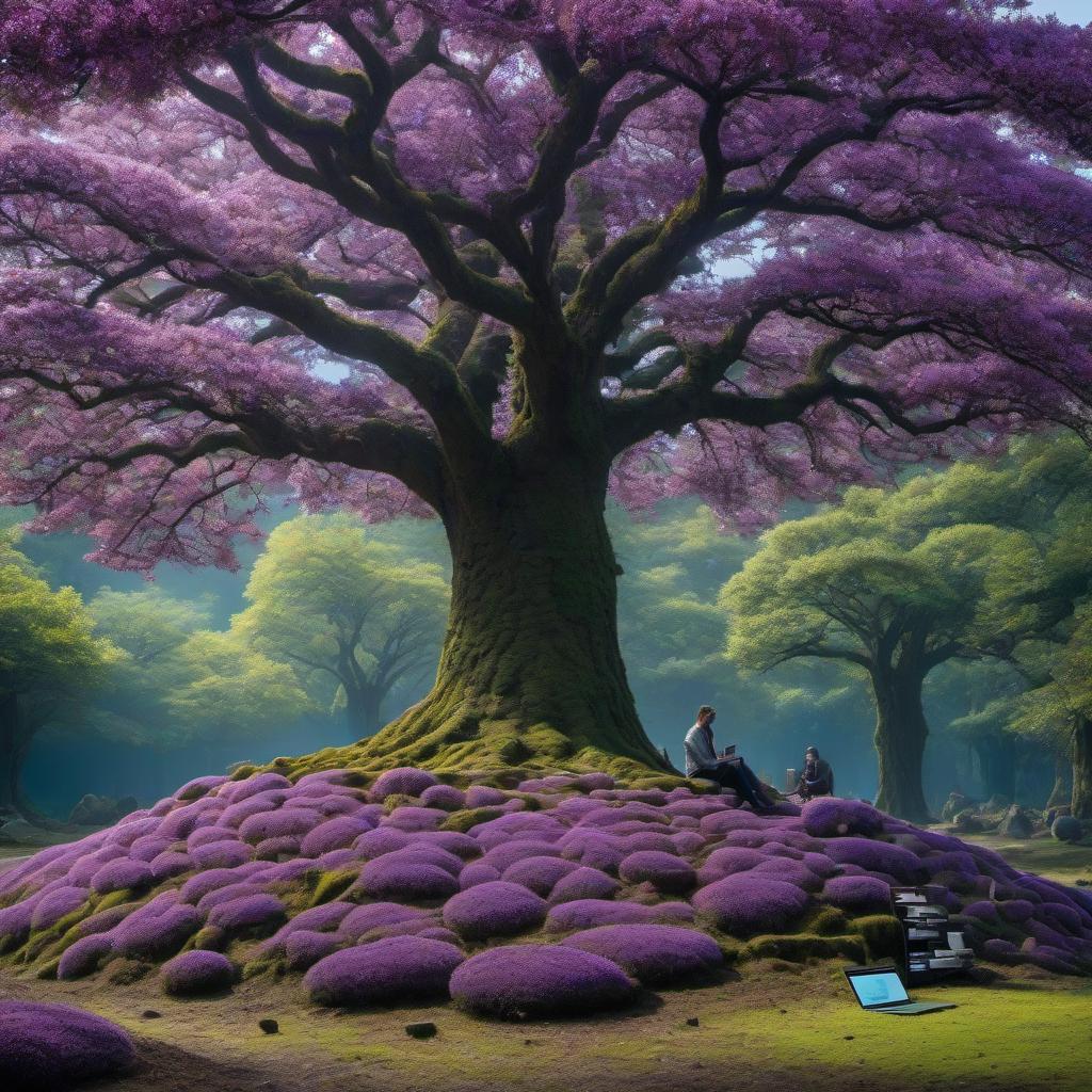  A moss covered tree where there are many laptops and phones growing on it and many people looking at them. There are a lot of purple and blue coins growing on the tree. X Notice: The answer is a direct translation of the prompt without appropriate English grammar and sentence structure. hyperrealistic, full body, detailed clothing, highly detailed, cinematic lighting, stunningly beautiful, intricate, sharp focus, f/1. 8, 85mm, (centered image composition), (professionally color graded), ((bright soft diffused light)), volumetric fog, trending on instagram, trending on tumblr, HDR 4K, 8K