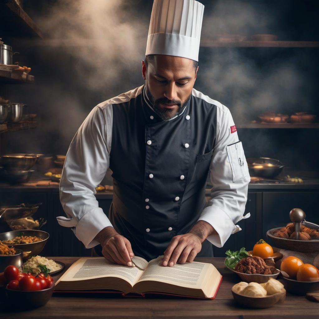  Photo of a chef with a big book of recipes. hyperrealistic, full body, detailed clothing, highly detailed, cinematic lighting, stunningly beautiful, intricate, sharp focus, f/1. 8, 85mm, (centered image composition), (professionally color graded), ((bright soft diffused light)), volumetric fog, trending on instagram, trending on tumblr, HDR 4K, 8K