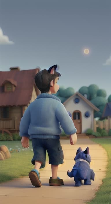  {Max walking back towards the cozy little house with droopy eyes, as twilight falls, The big blue dog is large with sky blue fur, big round eyes, a black nose, and floppy ears.