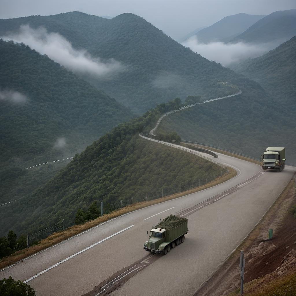  Masterpiece, best quality, masterpiece, 8k resolution, realistic, highly detailed. In a dense fog, visibility is very low, from the direction of the cab, concrete slope mountain road, an army green pickup is surveying the road ahead, hesitant.