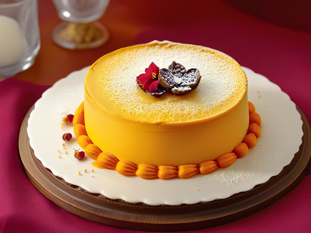  An ultradetailed, 8k resolution image showcasing a closeup of delicate saffron threads elegantly sprinkled over a rich, goldenhued dessert. The vibrant color of the saffron contrasts beautifully with the dessert's luxurious texture, emphasizing the premium quality and exquisite flavor that saffron adds to pastries. The minimalistic composition highlights the intricate details of the saffron threads, inviting the viewer to appreciate the sophistication and unique touch that saffron brings to dessert creations. hyperrealistic, full body, detailed clothing, highly detailed, cinematic lighting, stunningly beautiful, intricate, sharp focus, f/1. 8, 85mm, (centered image composition), (professionally color graded), ((bright soft diffused light)), volumetric fog, trending on instagram, trending on tumblr, HDR 4K, 8K