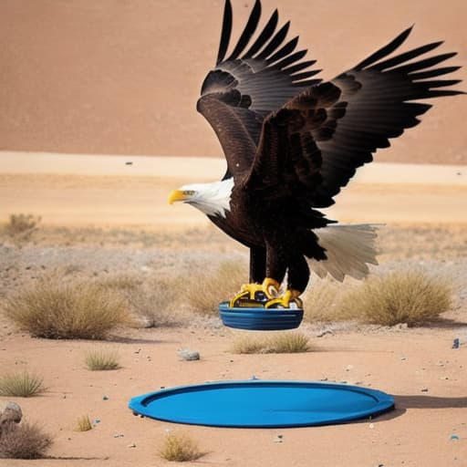  Bald Eagle throwing a disc into a disc golf basket in a high desert setting
