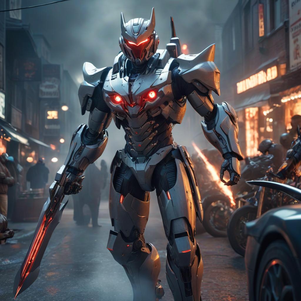  The blade slicing through demons turned into a mecharobot hyperrealistic, full body, detailed clothing, highly detailed, cinematic lighting, stunningly beautiful, intricate, sharp focus, f/1. 8, 85mm, (centered image composition), (professionally color graded), ((bright soft diffused light)), volumetric fog, trending on instagram, trending on tumblr, HDR 4K, 8K