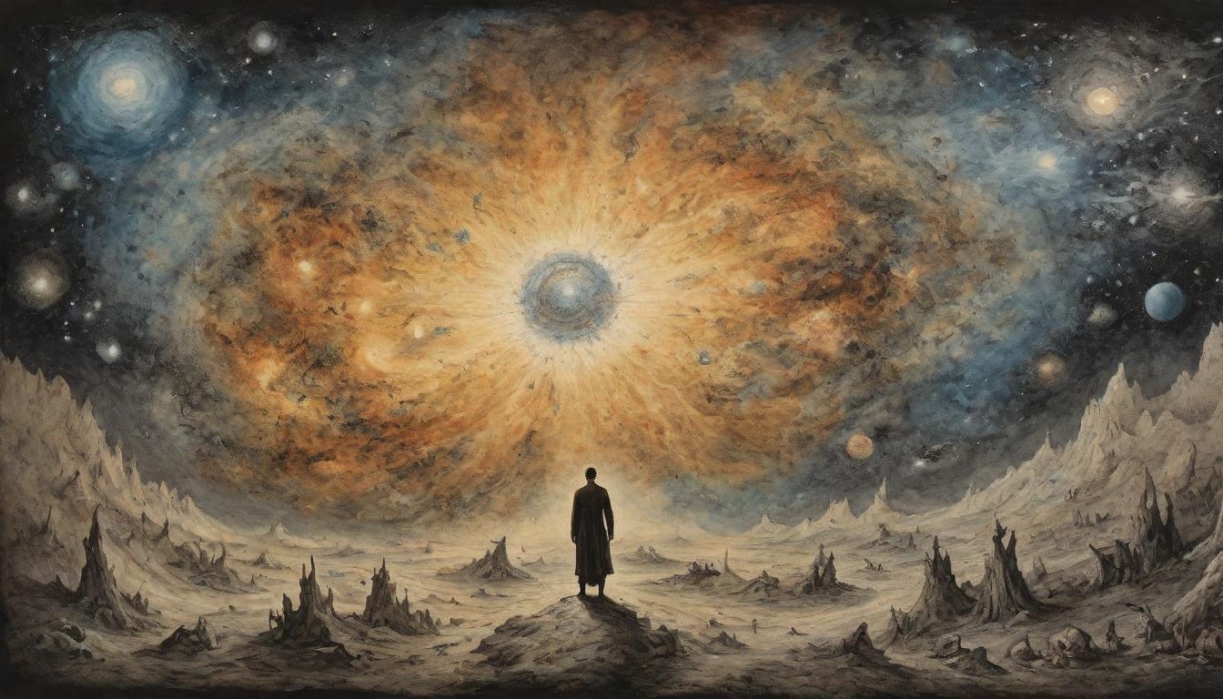  on parchment, surrealism++, A cosmic explosion in a dark sky, galaxies being torn apart, a figure caught in the center of the chaos, bright, piercing light enveloping the entire scene, symbolic of existential crisis, upheaval, intensity(mysterious, provocative, symbolic)++