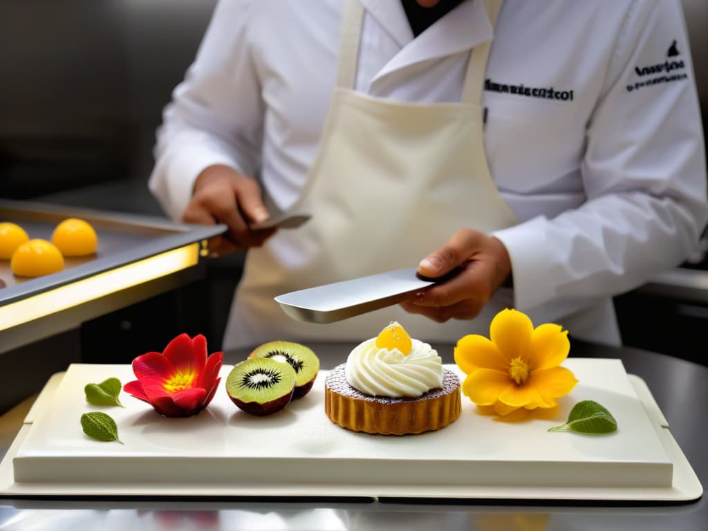  A highresolution, ultradetailed image of a modern, sleek kitchen filled with innovative baking tools and equipment, showcasing a variety of unique ingredients like edible flowers, exotic fruits, and molecular gastronomy elements neatly arranged on a minimalist countertop. The image captures the essence of creativity and precision in pastrymaking, with subtle hints of avantgarde techniques and unconventional flavor pairings, perfectly reflecting the innovative approach of Heston Blumenthal in breaking the boundaries of traditional pastry. hyperrealistic, full body, detailed clothing, highly detailed, cinematic lighting, stunningly beautiful, intricate, sharp focus, f/1. 8, 85mm, (centered image composition), (professionally color graded), ((bright soft diffused light)), volumetric fog, trending on instagram, trending on tumblr, HDR 4K, 8K