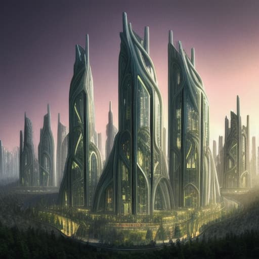  a post-modern elven forest city at dusk