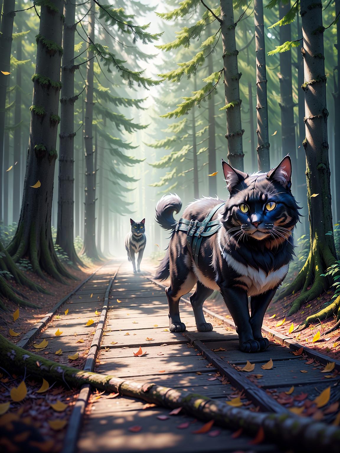  master piece, best quality, ultra detailed, highres, 4k.8k, Black cat, Traveling, carrying a knapsack, looking ahead attentively, standing on a path, Curious, BREAK Adventure of a black cat wearing boots., Forest, Knapsack, trees, fallen leaves, signpost, BREAK Mysterious, Sunlight filtering through the trees, soft shadows on the ground, crystallineAI