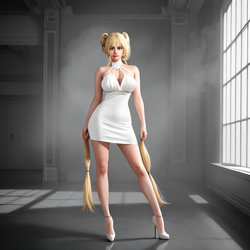  skimpy dress, beautiful blonde woman with pigtails hyperrealistic, full body, detailed clothing, highly detailed, cinematic lighting, stunningly beautiful, intricate, sharp focus, f/1. 8, 85mm, (centered image composition), (professionally color graded), ((bright soft diffused light)), volumetric fog, trending on instagram, trending on tumblr, HDR 4K, 8K