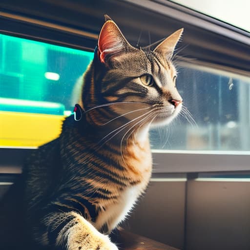 nvinkpunk Realistic image of a cat wearing headphones and reading glasses while riding a bus. hyperrealistic, full body, detailed clothing, highly detailed, cinematic lighting, stunningly beautiful, intricate, sharp focus, f/1. 8, 85mm, (centered image composition), (professionally color graded), ((bright soft diffused light)), volumetric fog, trending on instagram, trending on tumblr, HDR 4K, 8K