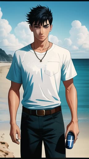  A 24-year-old boy, has black hair messy forward, has gray irises, has dark circles under his eyes, has a tired expression, He's not wearing any shirt, is in good physical condition, He is holding a can of alcohol, it's on a beach , Comic art, high quality, highly detailed, intricate, sharp focus, (centered image composition), (professionally color graded), ((western omit style)), volumetric fog, trending on instagram, HDR 4K, 8K